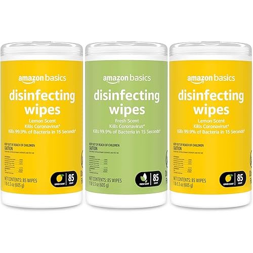 Amazon Basics Disinfecting Wipes, Lemon & Fresh Scent, Sanitizes/Cleans/Disinfects/Deodorizes, 255 Count (3 Packs of 85)
