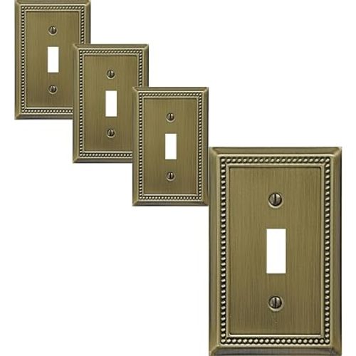 OKAWYC Single Toggle Light Switch Cover Belaire Beaded Metal Wall Plate, 4-Pack Antique Brass 1 Gang, for Light Switch Cover Decorative Wallplate, Durable