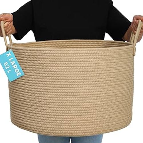 OrganiHaus Large Woven Storage Basket for Blankets and Toys 20" x 13" Inch, Rope Laundry Basket with Handles, Cushions & Pillows Storage Bin, Nursery Hamper, Soft Round Dog Toy Bin - Honey