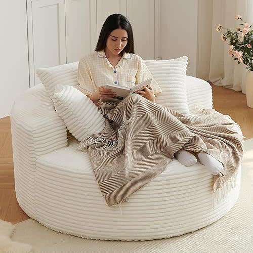 Oversized Round Chair Lounge Chaise Indoor, Upholstered Corduroy Deep Seat Cloud Large Circle Sofa Chair, No Assembly Required, Fluffy Modern Sleeper Sofa Bed for Reading, Living Room, Bedroom, White