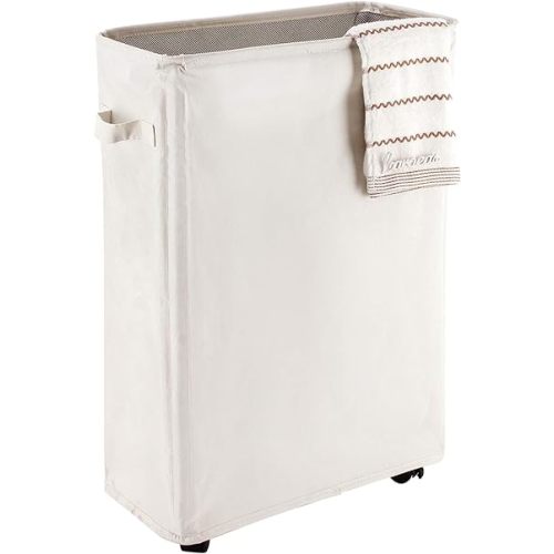 Caroeas Laundry Basket on Wheels, Slim Laundry Hamper Collapsible with Note Cards Waterproof Corner Hamper with Lid Breathable Mesh Cover (Slim 22 inch,Beige)