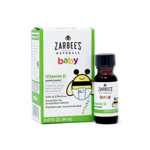 Zarbee's Vitamin D Drops for Infants, 400IU (10mcg) Baby & Toddler Liquid Supplement, Newborn & Up, Dropper Syringe Included, 0.47 Fl Oz