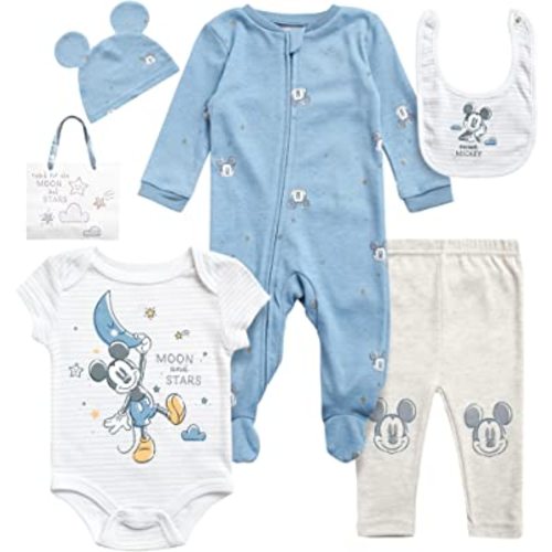 Disney Newborn Baby Layette Set - 7 Piece Mickey and Minnie Mouse Bodysuit, Coveralls, Sweatpants, Hat, Gift Bag (0-6M)