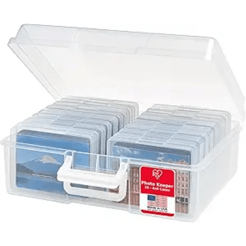 IRIS USA 4" x 6" Photo Storage Box Craft Keeper, Transparent Handle Container with 16 Organization Holder Cases for Pictures, Tasks, Scrapbooking, Stationery Storage, Clear