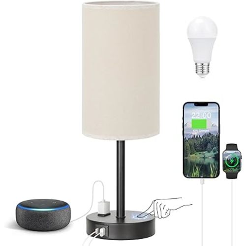 Fenmzee Touch Table Lamp - Beige, 3-Way Dimmable, USB A + C Charging, AC Outlet, 17.4inch Medium, Black Metal Base