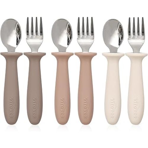 6 Pieces Toddler Utensils, Children Silverware Set with Silicone Handle, Kids Safe Spoons and Forks, Dishwasher Safe, 18/8 Stainless Steel, Food-grade Silicone，BPA Free - Tan
