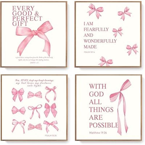 LARTSFRO Coquette Pink Bow Wall Art Decor Posters, Pink Bow Room Bedroom Bathroom Dorm Wall Art Decor Aesthetic for College Teen Girls Gifts, Inspirational Bible Verses Bow Wall Decor, 10x10 Inch Set of 4 Pcs Bow Pictures (UNFRAMED)