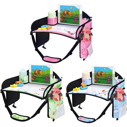 Kids Travel Tray, 3PCS Car Seat Tray for kids Travel, Toddler Road Trip Essentials With Drawing Kit, Toddler Lap Desk Organizer for Car, Carseat Table for Airplane