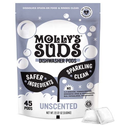 Molly's Suds Dishwasher Pods, Dishwasher Detergent, Cuts Grease & Rinses Clean (Residue-Free) for Sparkling Dishes, 45 Auto-Release Tabs (Unscented)