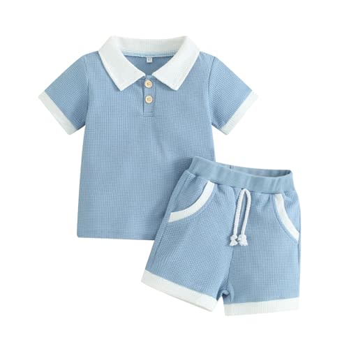 Kuriozud Newborn Baby Boy Summer Clothes Button Short Sleeve Romper Bodysuit Shorts Set Toddler Soft Waffle Outfit
