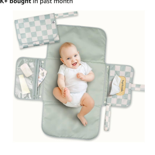 Tiny Twinkle Portable Diaper Changing Pad | Foldable, Waterproof & Compact Travel Changing Mat with Storage | Smart Wipes Pocket for On-The-Go Parents | Newborn Shower Gift (Sage Checkers)