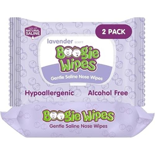 Boogie Wipes Saline Nose Wipes - 90 Count - Lavender Scent, Hypoallergenic & Alcohol-Free - Allergy Relief - Made with Natural Saline, Aloe, Chamomile & Vitamin E - Diaper Bag Essential