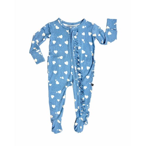 Denim Hearts Ruffled Zippered Footie