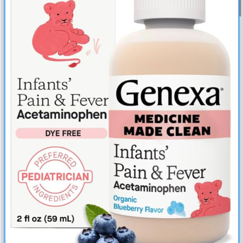 Genexa Infants' Clean Acetaminophen | Pediatrician Preferred Ingredients | Pain Reliever & Fever Reducer for Babies | Dye Free, 0% Artificial Additives | Delicious Organic Blueberry Flavor, 2 fl oz