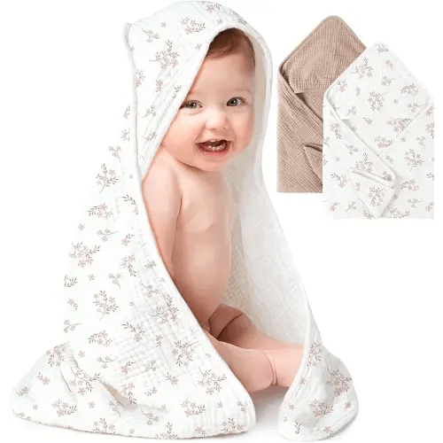 Konssy 2-Pack Muslin Hooded Baby Towels, 100% Cotton, Ultra-Soft & Absorbent Baby Bath Towels with Hood for Newborn & Infant (Taupe,Soft Blooms,32" x 32")