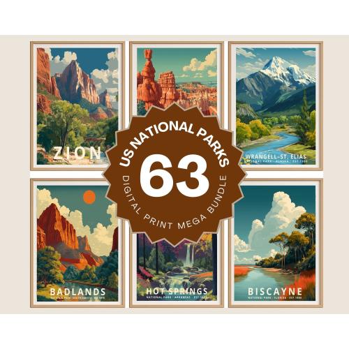 63 National Parks Vintage Poster Bundle, US Parks Wall Art, Retro Printable Travel Decor, Digital Download, Adventure Gift