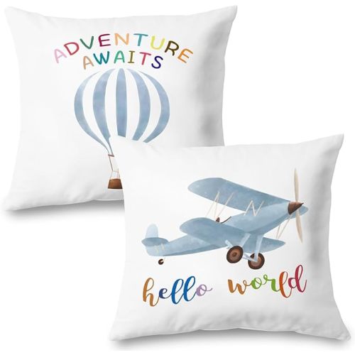 Hot Air Balloon and Airplane Nursery Decor - Hello World Adventure Awaits Pillow Case 18x18 Set of 2 for Boys Room, Toddler Playroom