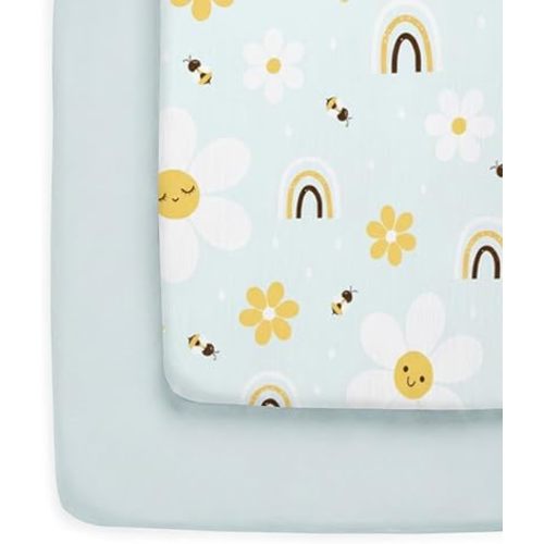 Pack and Play Sheets Fitted - 2 Pack Mini Crib Sheets for Pack N Play Mattress - Unisex Playard Microfiber Bedding for Boys & Girls - Breathable & Wrinkle Free - Oeko-Tex, 38 x 26in - Rainbow Bloom