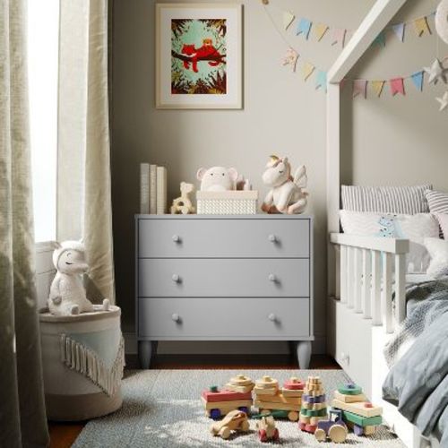 Buzz & Bloom Small Kids 3-Drawer Wood Dresser Chest for Bedrooms, Gray