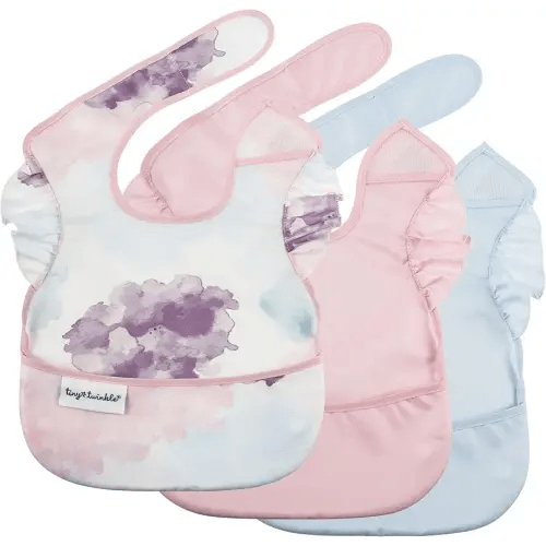 Tiny Twinkle Mess Proof Baby Bibs for Eating – Waterproof, Wipeable Toddler Bibs with Pocket – Baby Food Bibs for Girls & Boys(3 Pack,Cotton Candy)