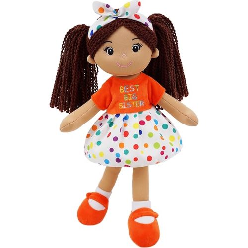 June Garden 14" Snuggle Cutie Lila – Best Big Sister Soft Plush Doll – Stuffed Girl Doll with Polka Dot Dress and Bow for Toddlers & Big Sister Announcements - Orange M