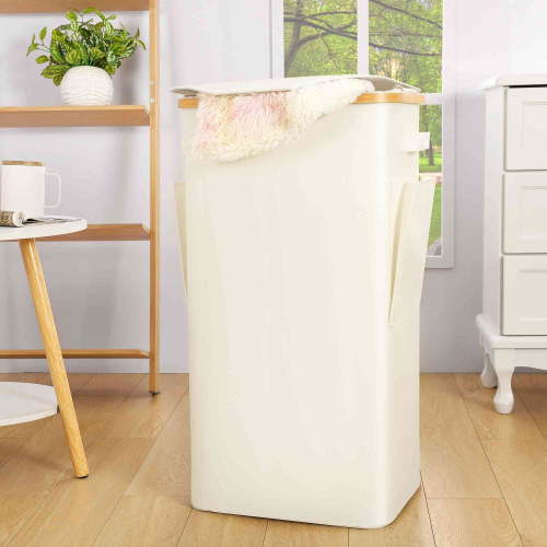Softlife Folding & Detachable 100L Laundry Hamper with Lid and Bag Easy Mobility Laundry Basket with Handles and Side Pockets,Beige