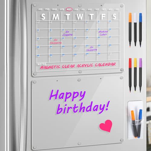 Acrylic Magnetic Dry Erase Board Calendar for Fridge 2 Set, 16.5"x12" Inch Clear Dry Erase Calendar for Refrigerator, Acrylic Planner Calendars Includes 6 Colors Markers with Eraser