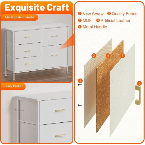 Wide Dresser for Bedroom TV Stand with 9 drawers, Leather Front, Living Room, White