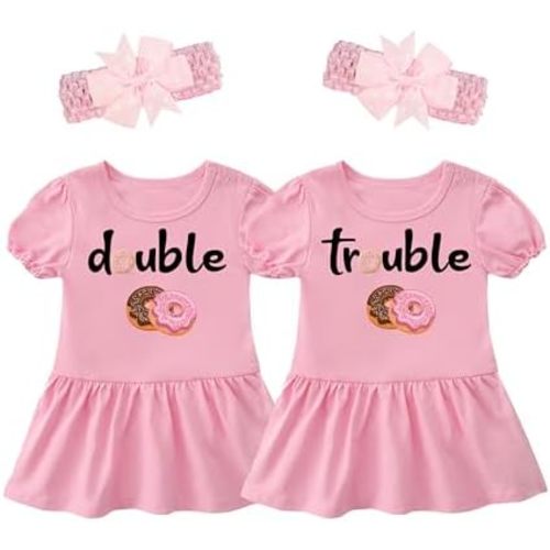 YSCULBUTOL Baby Twins Bodysuit Double Trouble Sweet Donuts Girl Outfits Sister Dresses Infant Romper With Headband Set