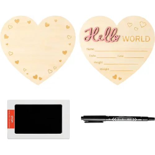R HORSE Baby Birth Announcement Sign Marker Pen, 3D Hello World Baby Name Sign with Ink Pad for Hand and Footprints, Heart Shape Newborn Announcement Nursery Decor Keepsake Gifts