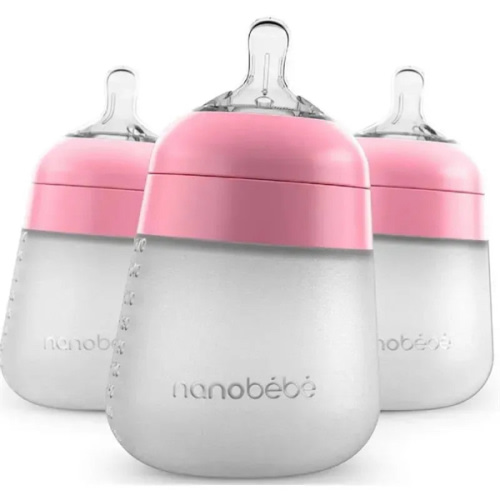 Nanobébé Flexy Silicone Baby Bottle, Anti-Colic, Natural Feel, Non-Collapsing Nipple, Non-Tip Stable Base, Easy to Clean, 3-Pack, Pink, 9oz