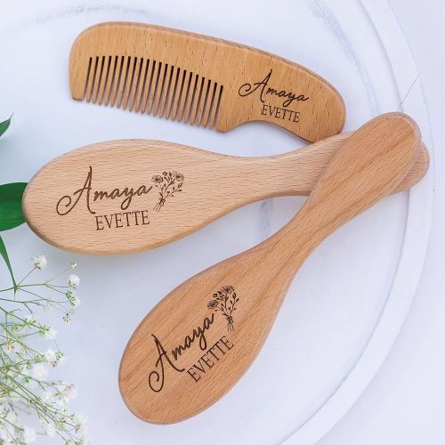 Baby Hair Brush Set | Custom Baby Gifts | Wooden Gift Sets | Perfect for Cradle Cap | Natural Goat Hair | 3 Piece Set for 0-3 Years