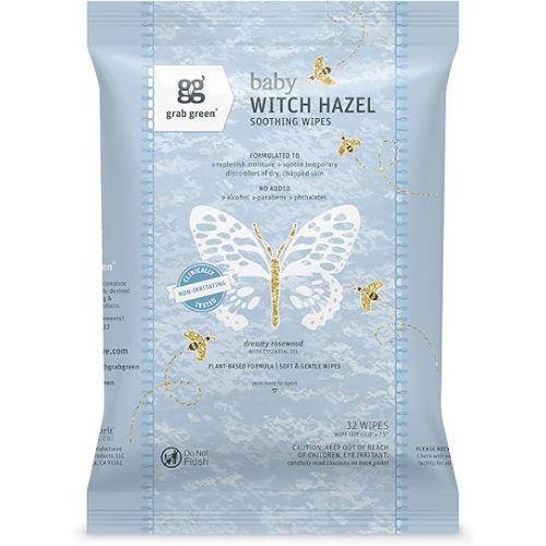 Grab Green Baby Witch Hazel Soothing Wipes, 32 Count, Dreamy Rosewood