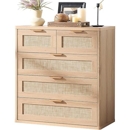 LEYAOYAO Rattan Dresser for Bedroom, 33.5" Tall Chest of Drawers, Modern 5 Drawers Boho Dressers with Storage, Light Oak Dresser Wooden Closet Organizer for Living Room, Hallway, Natural Wood