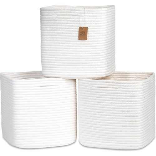 13 Inch Cube Storage Bins Cotton Rope Woven Baskets for Organizing 3-Pack | 13 x 13 Storage Cubes | Fabric Square Storage Baskets for Shelves Organizer, Kids Toy Bins, Closet Baby Nursery
