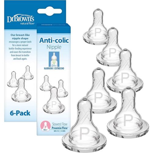 Dr. Brown’s Natural Flow Preemie Flow Narrow Baby Bottle Silicone Nipple, Slowest Flow, 0m+, 100% Silicone Bottle Nipple, 6 Count(Pack of 1)