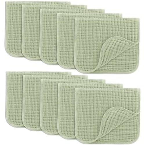 Comfy Cubs Muslin Burp Cloths 20" x 10", Pack of 10 - Large, 6-Layer, Ultra Absorbent 100% Cotton for Baby Drool and Messes - Soft, Safe & Gentle Baby Burp Cloths for Boys & Girls - Sage