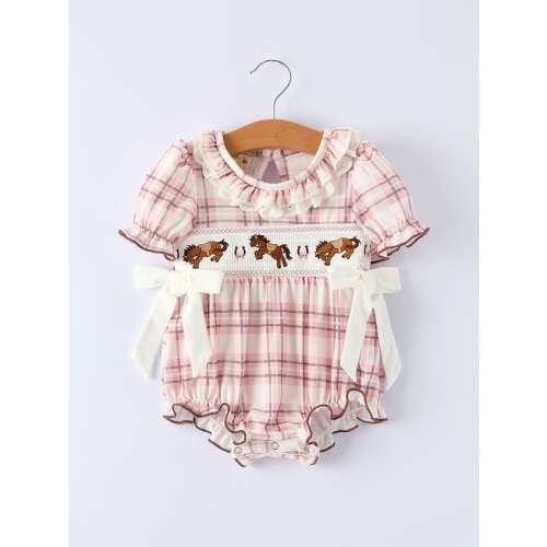 Western Horse Embroidered Smocked Plaid Baby Girl Romper