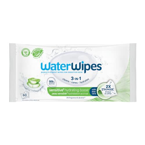 WaterWipes Sensitive+ Hydrating Boost Wipes, 3-In-1 Cleans, Cares, Hydrates, 99% Water with Aloe Vera, Unscented & Hypoallergenic Baby Wipes, 60 Count (1 Pack)