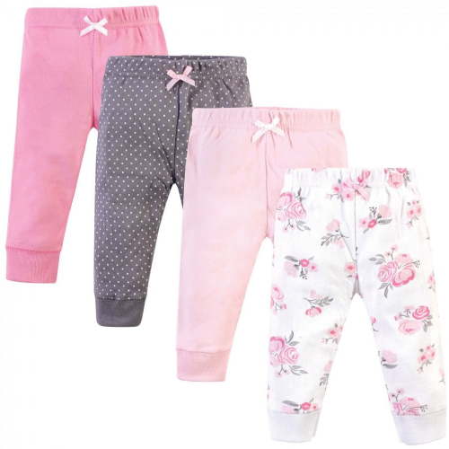Hudson Baby Infant and Toddler Girl Cotton Pants 4pk, Basic Pink Floral, 18-24 Months