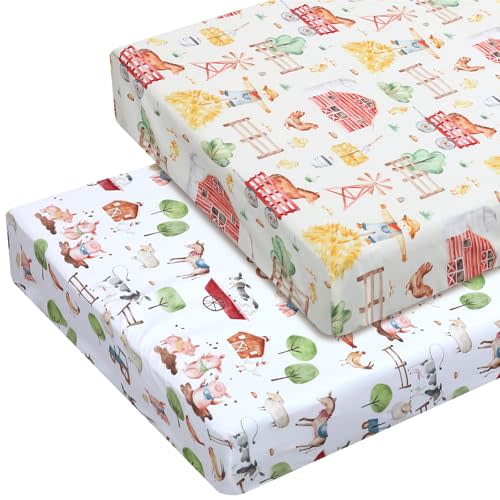Mindsoft 2 Pcs Farm Animal Crib Sheet Set 52 x 28 x 8 Inches Baby Sheet Newborn Bedding Nursery Crib Sheets for Girl Boys Baby Gifts for Toddler Mattresses