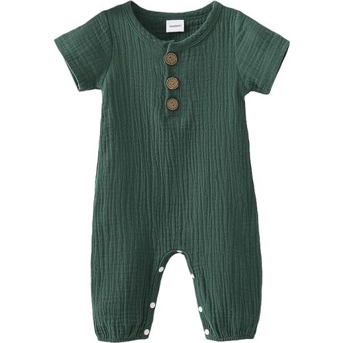 Saeaby Newborn Baby Girl Clothes Cotton Linen Romper Infant Jumpsuit Bodysuit One Pieces Outfit Fall Winter - Green