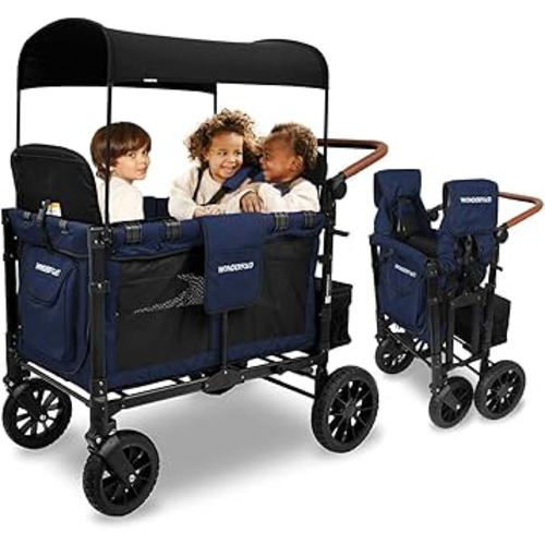 WONDERFOLD W4 Luxe Stroller Wagon (4 Seater) - Collapsible Wagon Stroller with Seats with Magnetic Buckle 5-Point Harnesses and Sun Canopy, Noble Navy