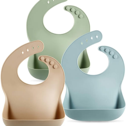 PandaEar Set of 3 Silicone Baby Bibs Waterproof, Soft, Unisex, 10-72 Months (Brown/Blue/Green)