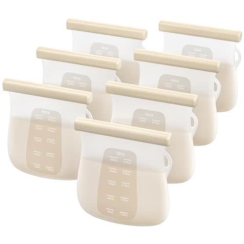 Jelly Ruru 7 PCS Reusable Breast Milk Storage Bags, 8.5oz 250ml LFGB Standard Silicone Breastmilk Freezer Storage Container, Leak Proof & SelfStandingMilk Bags, Baby Food Bags, Transparent