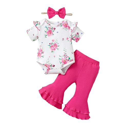 SUNNY PIGGY Baby Girl Clothes 3Pcs Infant Ruffle Floral Romper Flared Pants | Newborn Girl Fall Winter Outfits,0 3 6 9 12 18 Months Long Sleeve Clothing Set,Cute Baby Coming Home Outfits with Bow Heaband