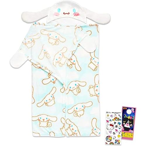 SANRIO Cinnamoroll Blanket with Hood Kids - Bundle with 40" x 50" Wearable Plush Blanket for Travel, Sleepover, Airplane, Car, Road Trip Plus Stickers, More | Cinnamoroll Hooded Blanket