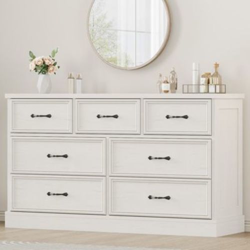 Modern 7 Drawer Dresser for Bedroom, 55" Wide 7 Chest of Drawers with Anti-tip Design, White Wooden Storage Closet for Living Room Nursery