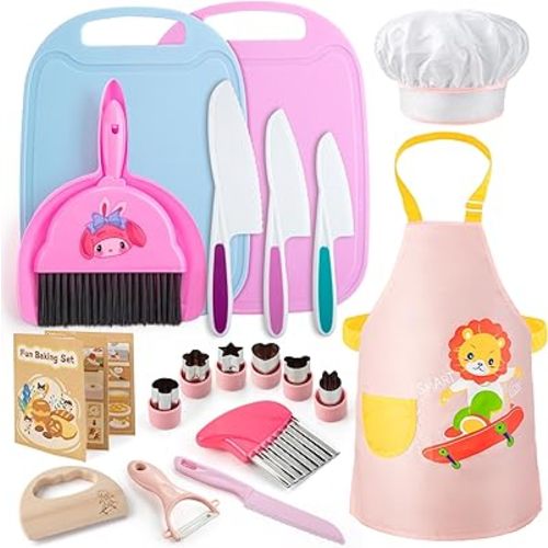 Juboury 20PCS Toddler Knife Set - Kids Kitchen Set for Real Cooking, Toddler Montessori Kitchen Tools with Knives Cutting Boards Cookbook Apron & Chef Hat and Cleaning Set