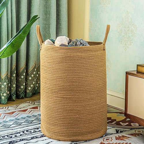85L Oversize Woven Laundry Basket with Handles,Collapsible Cotton Rope Laundry Hamper,Wicker Clothes Hamper Laundry Bin Storage Basket for Blanket Brown